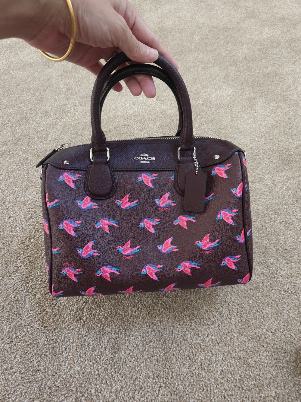 COACH Maroon Leather Satchel with Pink Bird Print